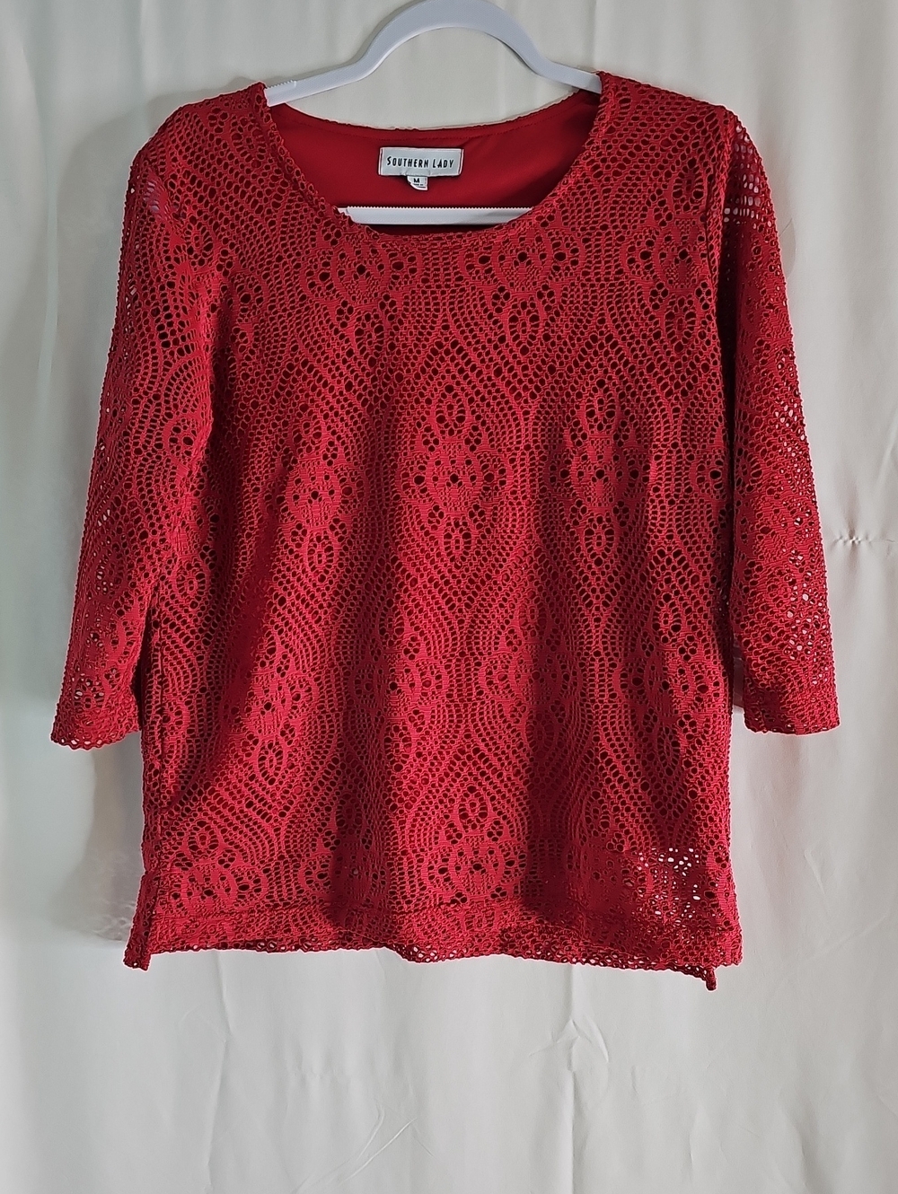 Southern Lady Red Crochet Overlay Women's Top